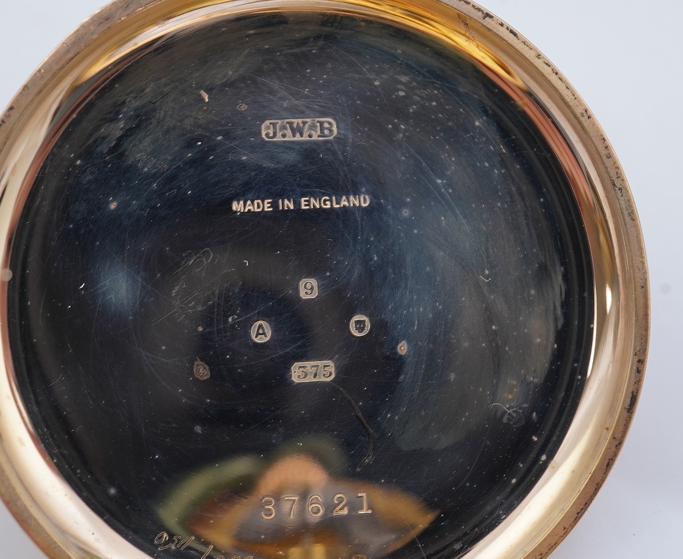 A George V 9ct gold J. W. Benson open faced keyless pocket watch